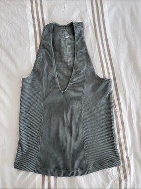 Free People Ribbed Deep V Neck Halter Tank Top in Sage Green Gray